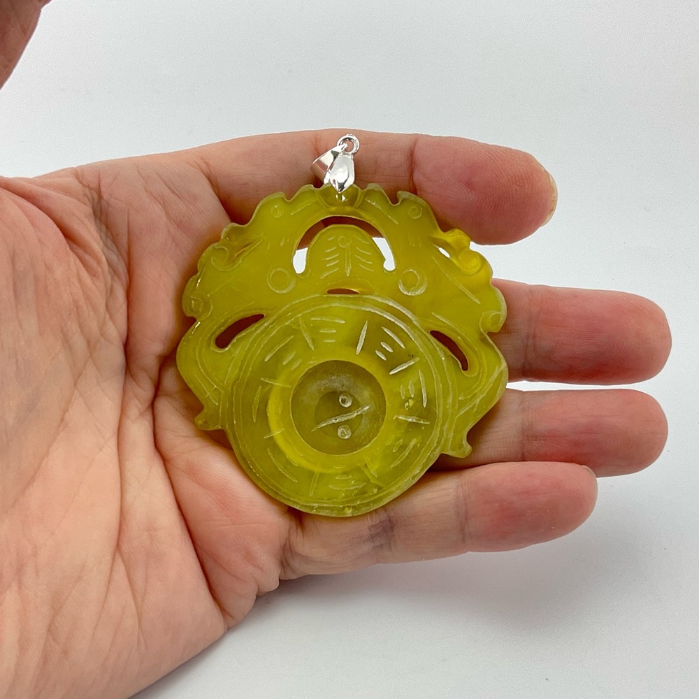 New Jade Dragon Spinner Pendant, Handmade, Yellow Green Jade, Unisex, 24" L - Picture 2 of 10